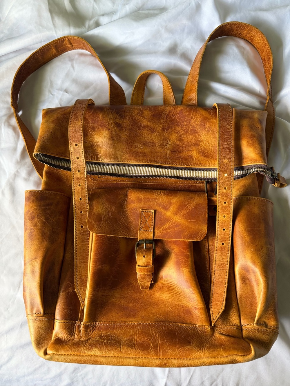 Leather Roll-Top Backpack - Tan